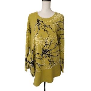 Kaktus Woman’s Tunic Round Neck Floral Color of Mustard Long Sleeve, Sz M